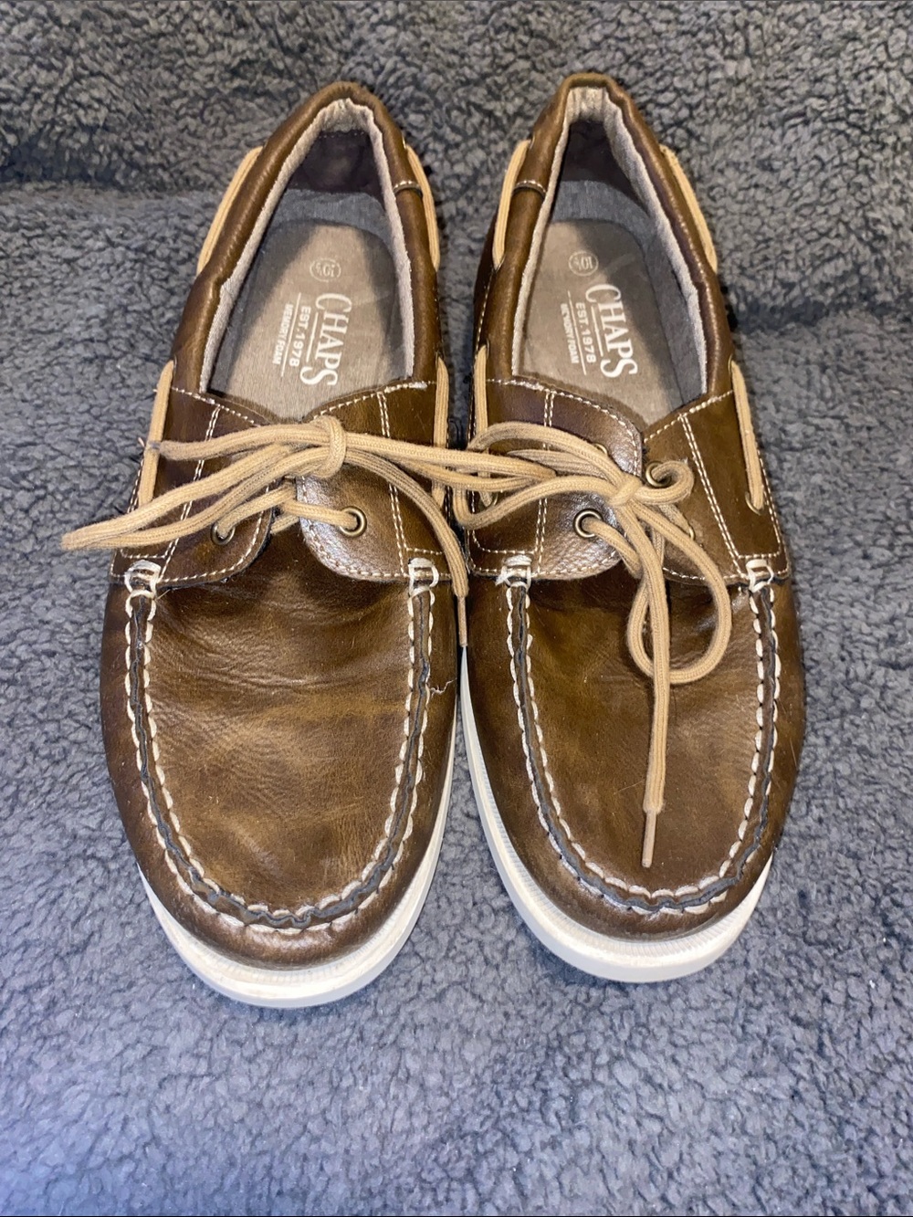 Chaps Brown Faux Leather Men’s Boat Shoes with Tan Laces